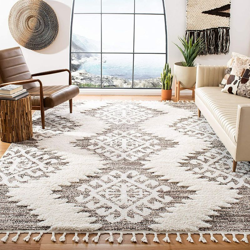 Photo 2 of SAFAVIEH Moroccan Tassel Shag Collection 8' Square Ivory / Brown MTS652A Boho Non-Shedding Living Room Bedroom Dining Room Entryway Plush 2-inch Thick Area Rug
