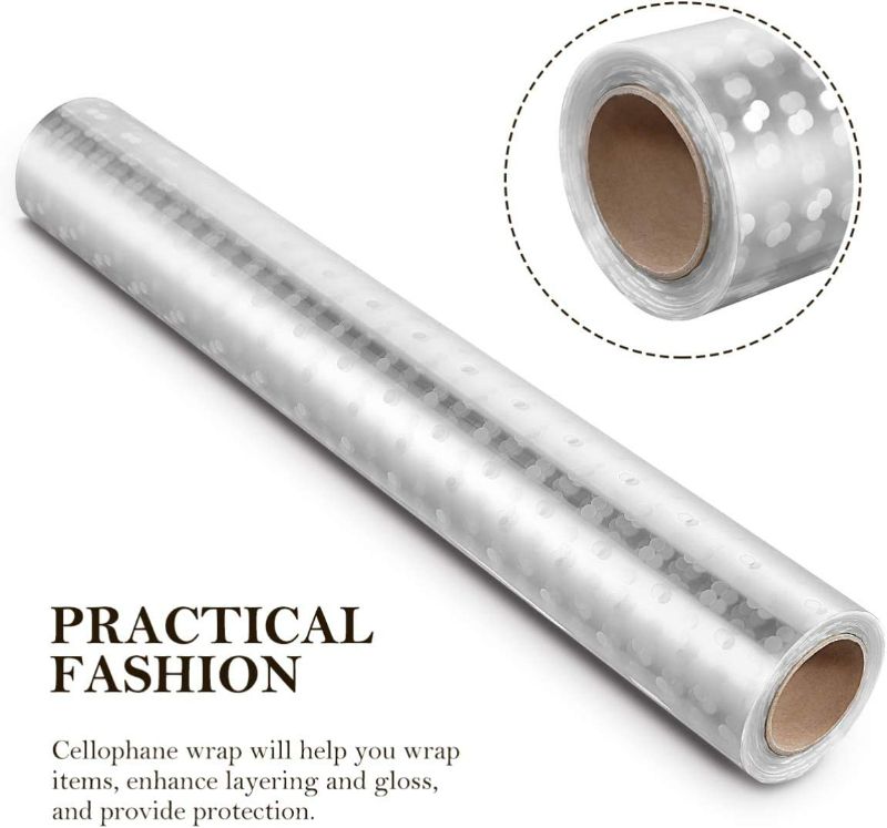 Photo 5 of jojofuny Cellophane Wrap Roll White Dots Wrapping Paper for DIY Arts Crafts Baskets Decoration, Gift Treats Wrapping Film, Flower Bouquet Package Sheet| 100’ Ft Long X 31.5” in. Wide | 3 Mil Thick
