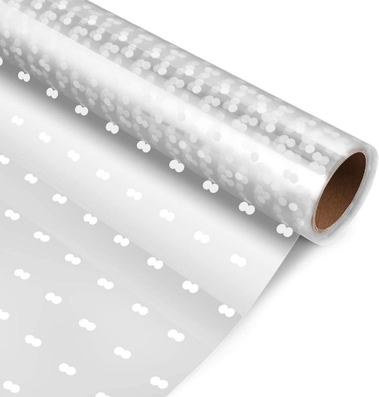 Photo 1 of jojofuny Cellophane Wrap Roll White Dots Wrapping Paper for DIY Arts Crafts Baskets Decoration, Gift Treats Wrapping Film, Flower Bouquet Package Sheet| 100’ Ft Long X 31.5” in. Wide | 3 Mil Thick
