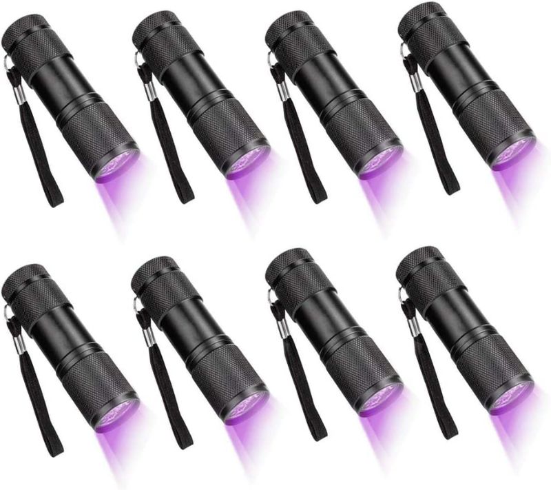 Photo 1 of CFIKTE UV LED Flashlight Black Light UV Lights 9 LED Ultraviolet Blacklight Flashlights Pets Urine and Stains Detector on Clothes Carpet Rugs (8 PACK)
