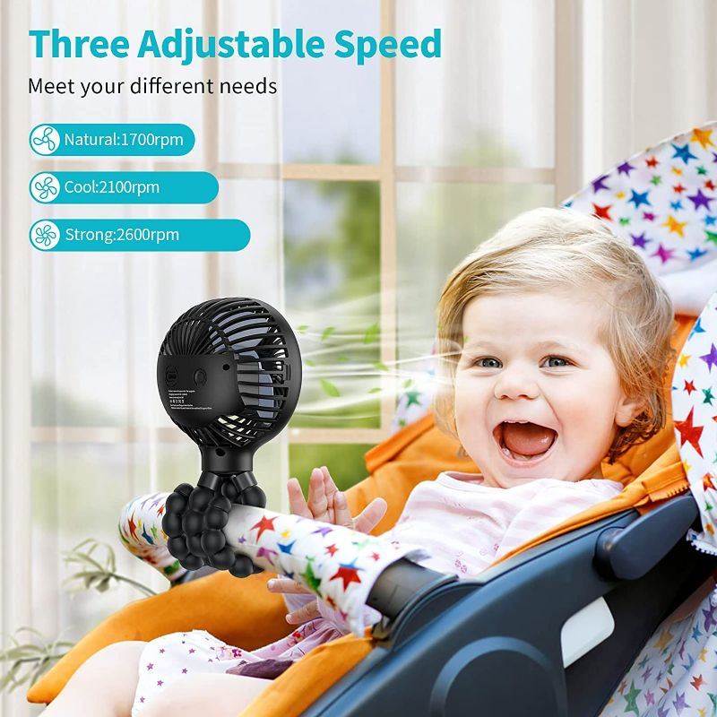 Photo 3 of SmartDevil Stroller Fan, 3 Speed Portable Clip on Stroller Fan for Baby, Battery Operated Personal Desk Fan with Flexible Tripod, Mini Handheld Fan for Car Seat, Treadmill, Camping (Black)
