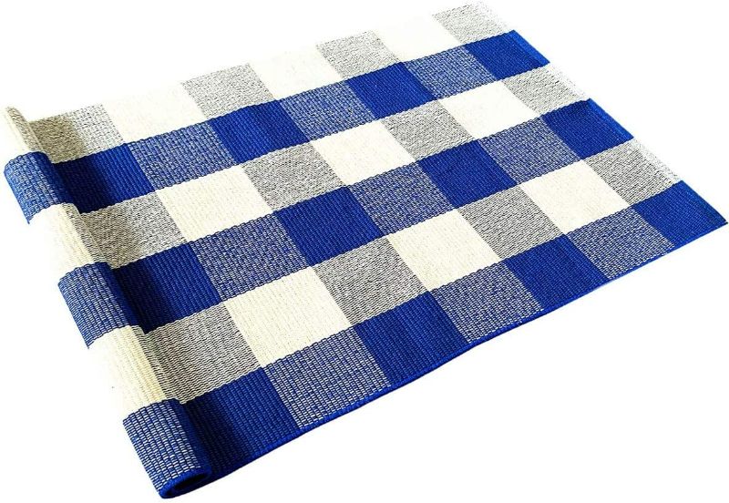 Photo 1 of LEVINIS Blue Buffalo Plaid Rugs 3'×2'- Cotton Hand-Woven Rug Farmhouse Front Porch Rugs Outdoor Doormat Washable Buffalo Check Rug for Kitchen/Bathroom/Entry Way/Sink
