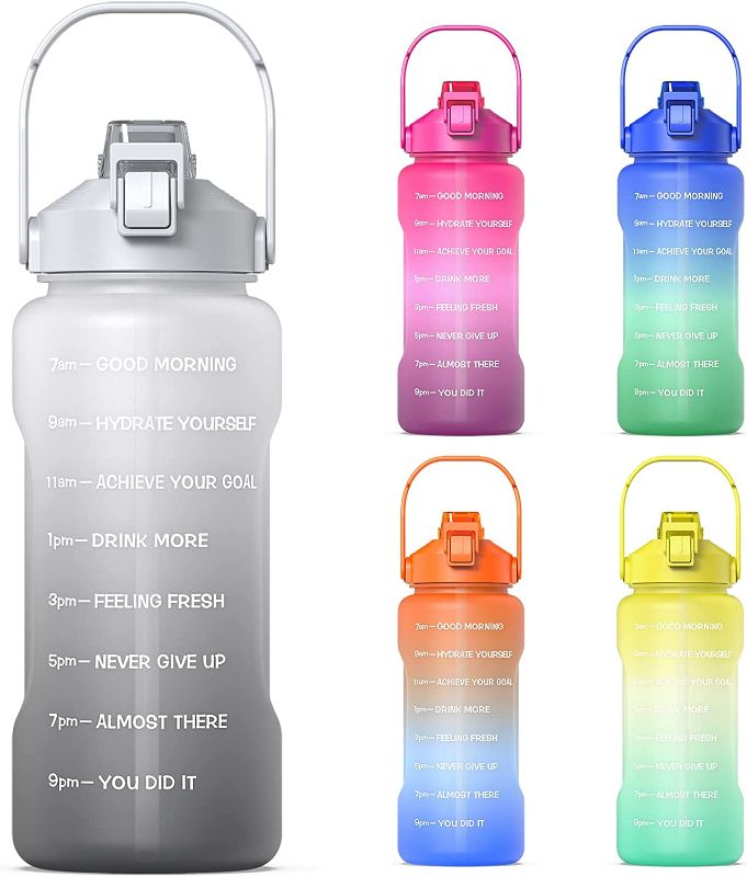 Photo 1 of Half Gallon/64oz Water Bottle with Time Marker, Motivational Water Bottle with Handle, Leakproof, Water Jug For Outdoor, Fitness (pink yellow)