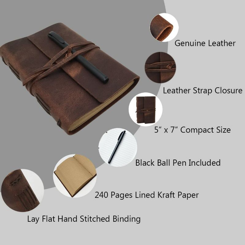 Photo 2 of Leather Journal Writing Notebook - Genuine Leather Bound Daily Notepad for Men & Women Lined Paper 240 Kraft Pages, Handmade, Rustic Brown, 5 x 7 in
