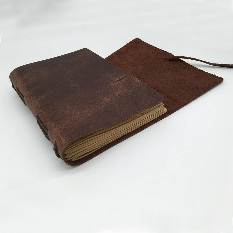 Photo 3 of Leather Journal Writing Notebook - Genuine Leather Bound Daily Notepad for Men & Women Lined Paper 240 Kraft Pages, Handmade, Rustic Brown, 5 x 7 in
