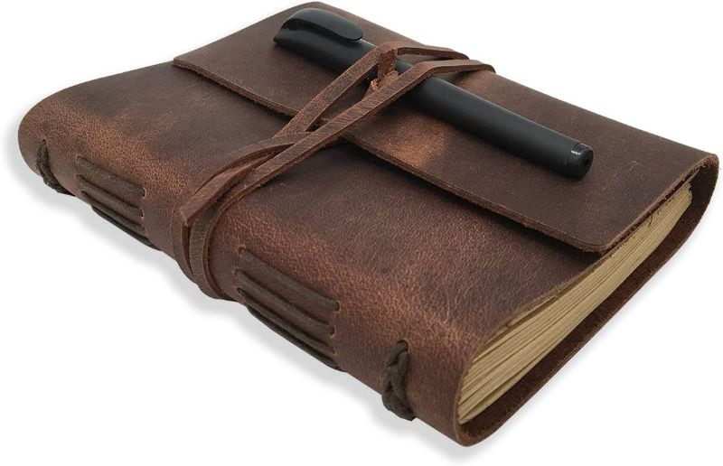 Photo 1 of Leather Journal Writing Notebook - Genuine Leather Bound Daily Notepad for Men & Women Lined Paper 240 Kraft Pages, Handmade, Rustic Brown, 5 x 7 in
