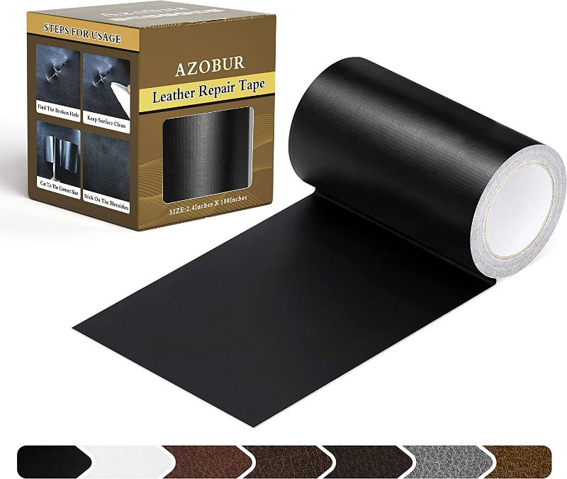 Photo 1 of Azobur Leather Repair Tape Patch Leather Adhesive for Sofas, Car Seats, Handbags, Jackets,First Aid Patch 2.4" X15' (Black)
