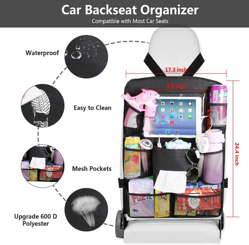 Photo 2 of Update Version 2 Pack Car Backseat Organizer Foldable Car Seat Back Protectors with Touch Screen Tablet Holder Tissue Box Car Storage Organizer with 8 Storage Pockets Earphone/Charging Hole for Car Travel
