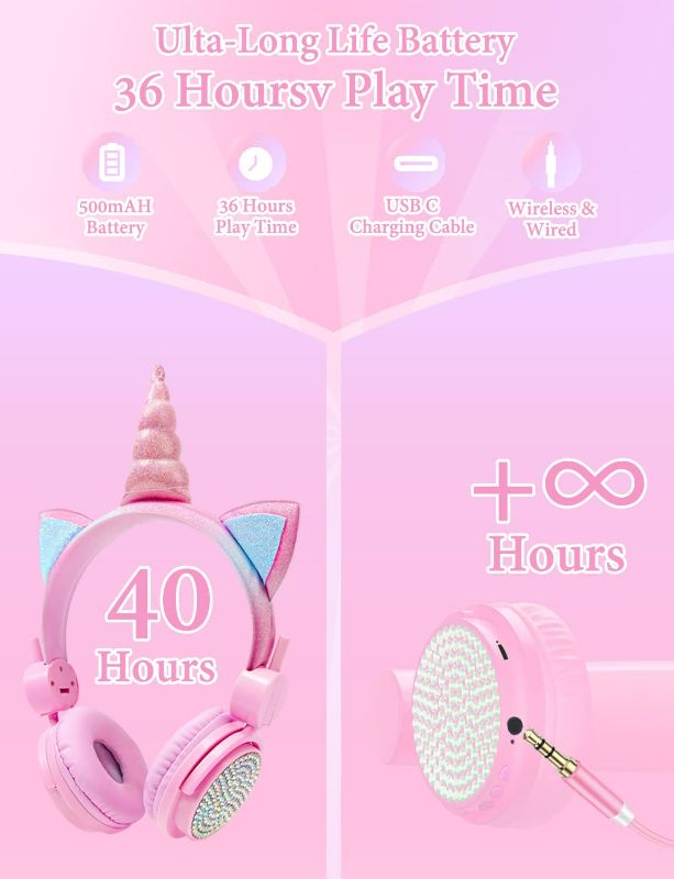 Photo 3 of charlxee Kids Wireless Unicorns Headphones with Microphone,36H Play Time,Volume Limited 95dB Stereo,Shareport,Adjustable Band,Soft Earmuffs,Foldable On-Ear Headphones for School,Plane,PC,Table(Pink)
