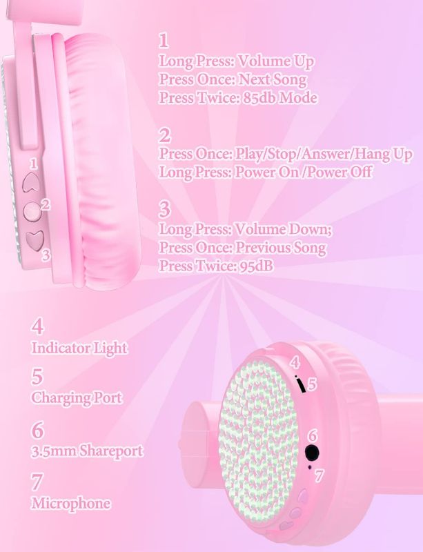Photo 5 of charlxee Kids Wireless Unicorns Headphones with Microphone,36H Play Time,Volume Limited 95dB Stereo,Shareport,Adjustable Band,Soft Earmuffs,Foldable On-Ear Headphones for School,Plane,PC,Table(Pink)
