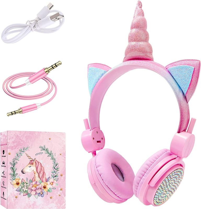 Photo 1 of charlxee Kids Wireless Unicorns Headphones with Microphone,36H Play Time,Volume Limited 95dB Stereo,Shareport,Adjustable Band,Soft Earmuffs,Foldable On-Ear Headphones for School,Plane,PC,Table(Pink)
