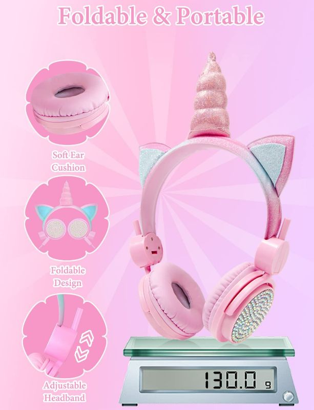 Photo 4 of charlxee Kids Wireless Unicorns Headphones with Microphone,36H Play Time,Volume Limited 95dB Stereo,Shareport,Adjustable Band,Soft Earmuffs,Foldable On-Ear Headphones for School,Plane,PC,Table(Pink)
