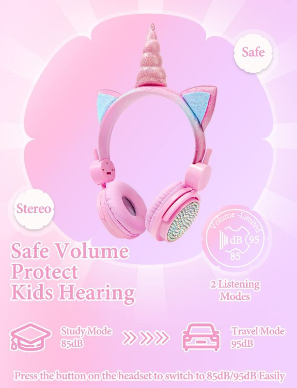Photo 2 of charlxee Kids Wireless Unicorns Headphones with Microphone,36H Play Time,Volume Limited 95dB Stereo,Shareport,Adjustable Band,Soft Earmuffs,Foldable On-Ear Headphones for School,Plane,PC,Table(Pink)

