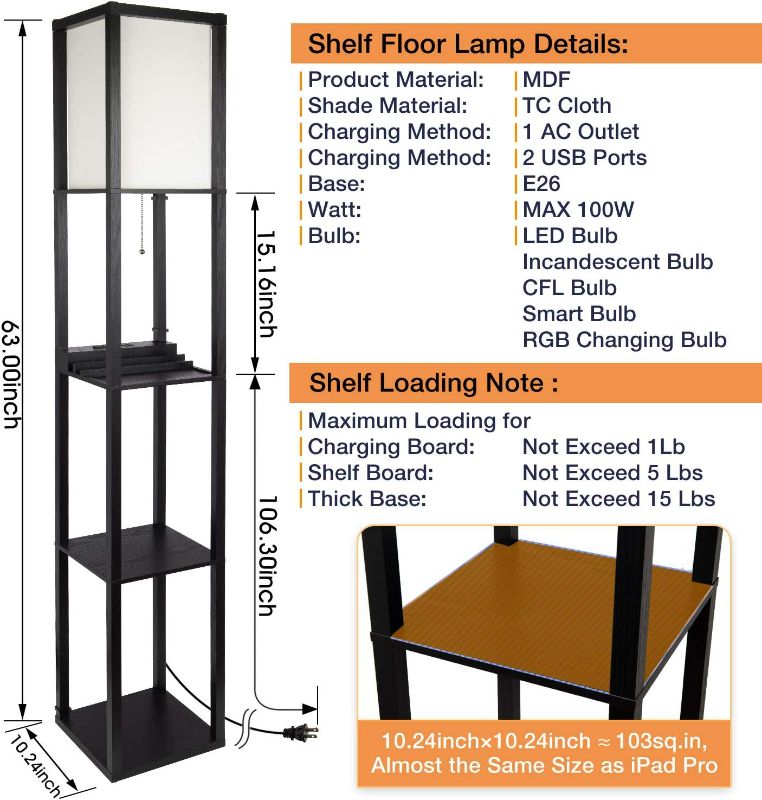 Photo 4 of SHINE HAI 3-in-1 Shelf Floor Lamp with 2 USB Ports and 1 Power Outlet, 3-Tiered LED Shelf Floor Lamp, Shelf & Storage & LED Floor Lamp Combination, Modern Standing Light for Living Room, Bedroom
