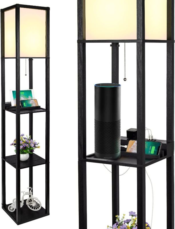 Photo 1 of SHINE HAI 3-in-1 Shelf Floor Lamp with 2 USB Ports and 1 Power Outlet, 3-Tiered LED Shelf Floor Lamp, Shelf & Storage & LED Floor Lamp Combination, Modern Standing Light for Living Room, Bedroom
