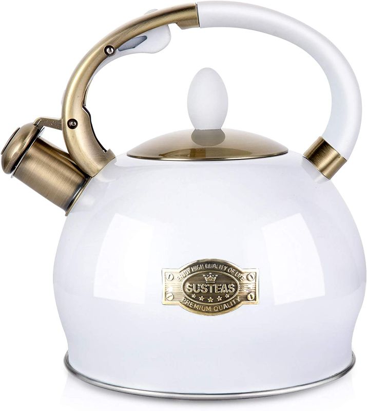 Photo 1 of SUSTEAS Stove Top Whistling Tea Kettle-Surgical Stainless Steel Teakettle Teapot with Cool Touch Ergonomic Handle,1 Free Silicone Pinch Mitt Included,2.64 Quart(WHITE)
