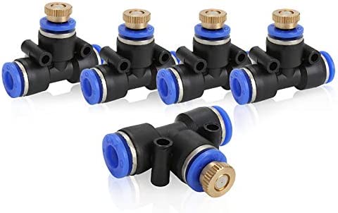 Photo 1 of 5 Pack Brass Misting Nozzle Tees 1/4-Inch Water Mister Nozzle Thread Sprayer with Plug Nozzle Spray Cooling Device Connector for Outdoor Misting Cooling System
