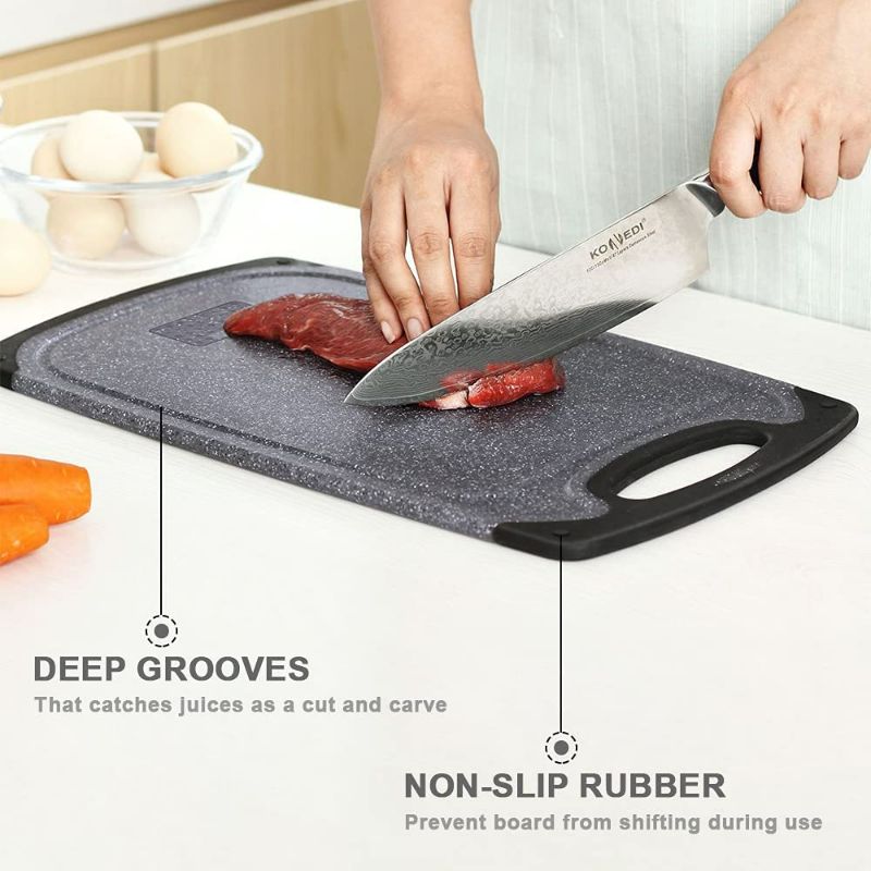 Photo 2 of Plastic Cutting Board, 3 Pieces Dishwasher Safe Cutting Boards with Juice Grooves, Easy Grip Handle, Non-Slip, with Grinding Area for Grinding Garlic and Ginger?Dark Grey?
