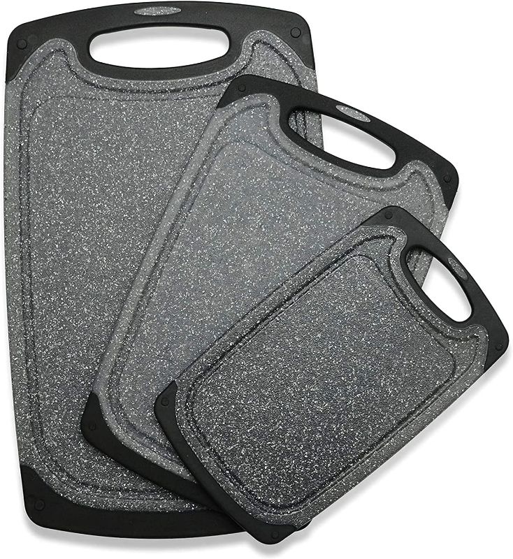 Photo 1 of Plastic Cutting Board, 3 Pieces Dishwasher Safe Cutting Boards with Juice Grooves, Easy Grip Handle, Non-Slip, with Grinding Area for Grinding Garlic and Ginger?Dark Grey?
