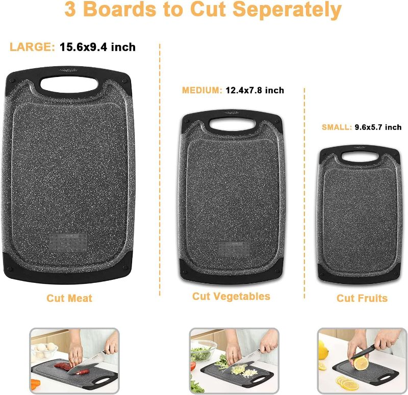 Photo 3 of Plastic Cutting Board, 3 Pieces Dishwasher Safe Cutting Boards with Juice Grooves, Easy Grip Handle, Non-Slip, with Grinding Area for Grinding Garlic and Ginger?Dark Grey?
