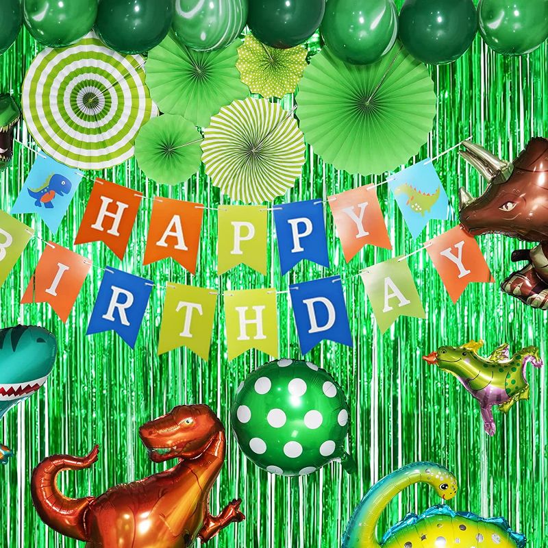 Photo 2 of Dinosaur Birthday Party Decorations Jurassic Park Themed Dino Birthday Party Supplies Include Dinosaurs Balloons Backdrop Birthday Banner Paper Fan Curtains Perfect for Boys and Girls Birthday Party
