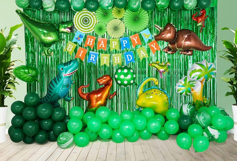 Photo 8 of Dinosaur Birthday Party Decorations Jurassic Park Themed Dino Birthday Party Supplies Include Dinosaurs Balloons Backdrop Birthday Banner Paper Fan Curtains Perfect for Boys and Girls Birthday Party
