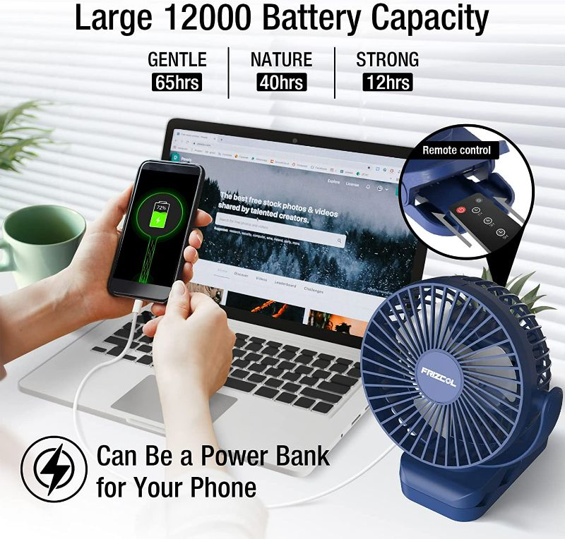 Photo 2 of Portable Clip on Fan 65 Working Hours, Camping Fan with LED Lights & Hook, 12000 Capacity Battery Operated Fan with Clamp, USB Rechargeable Fan for Desk, Tent, Treadmill, Stroller, Golf Cart, Home
