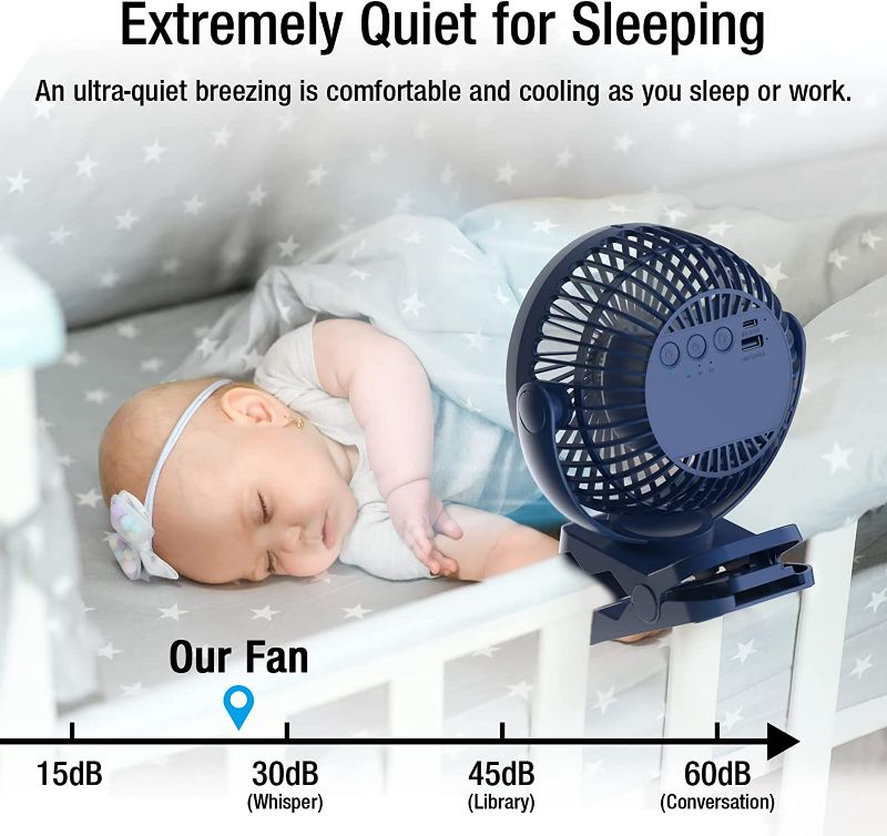 Photo 4 of Portable Clip on Fan 65 Working Hours, Camping Fan with LED Lights & Hook, 12000 Capacity Battery Operated Fan with Clamp, USB Rechargeable Fan for Desk, Tent, Treadmill, Stroller, Golf Cart, Home
