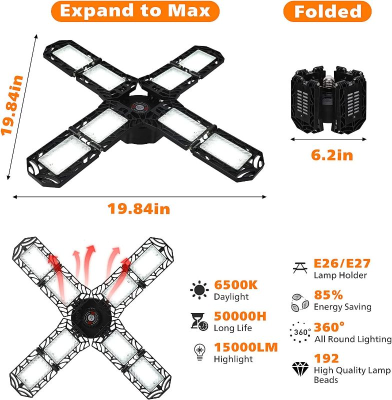 Photo 3 of FANCIECC LED Garage Light, 150W 15000LM Garage Ceiling Lights,E26/E27 Base 6500K 8-Leaf Ultra Bright Deformable Panels Shop Lighting,for Workshop,Basement,Warehouse
