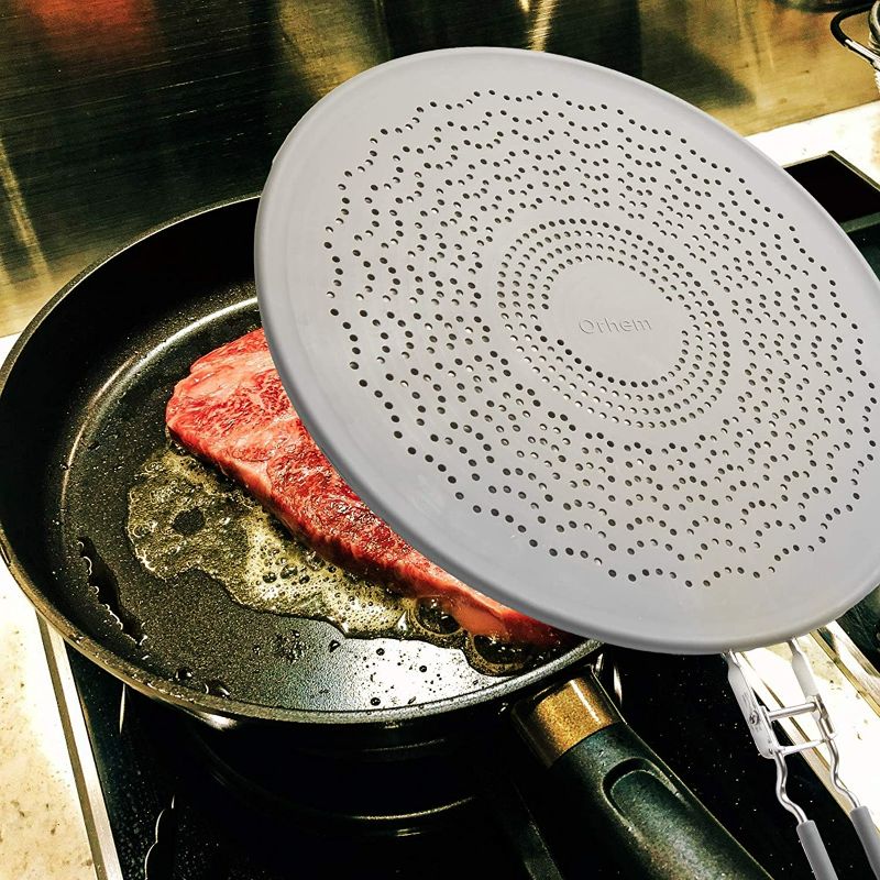 Photo 2 of 13” Silicone Splatter Screen Pan Cover with Folding Handle, Heat Insulation Cooling Mat, Strainer, Drain Board, Oil Splash Guard for Frying Pan
