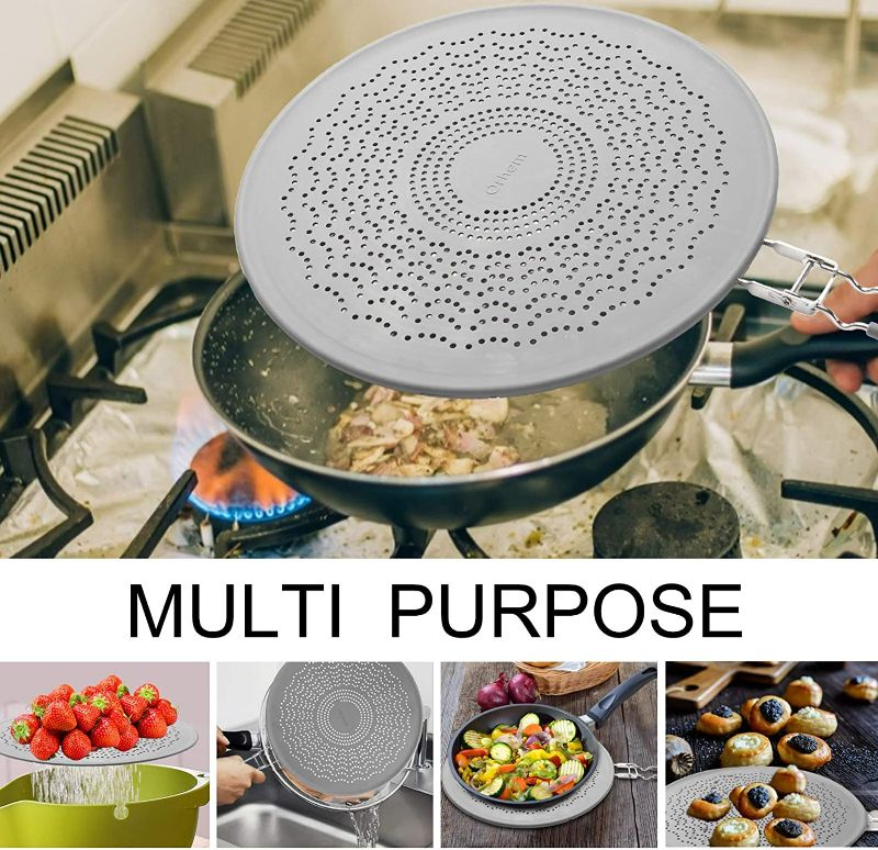 Photo 5 of 13” Silicone Splatter Screen Pan Cover with Folding Handle, Heat Insulation Cooling Mat, Strainer, Drain Board, Oil Splash Guard for Frying Pan
