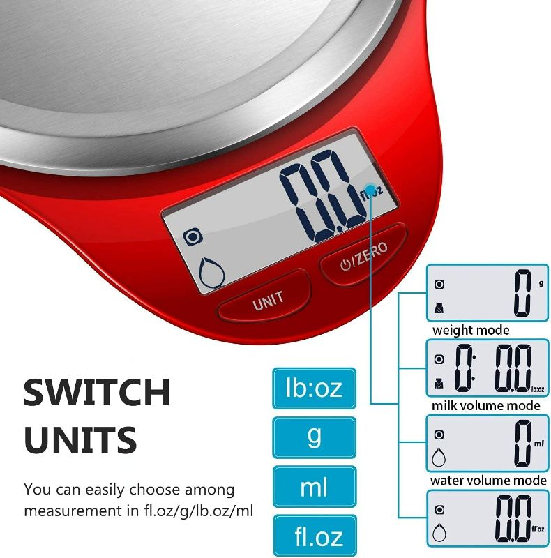 Photo 3 of NUTRI FIT Digital Kitchen Scale with Wide Stainless Steel Plateform High Accuracy Multifunction Food Scale with LCD Display for Baking Kitchen Cooking,Tare & Auto Off Function (Red)
