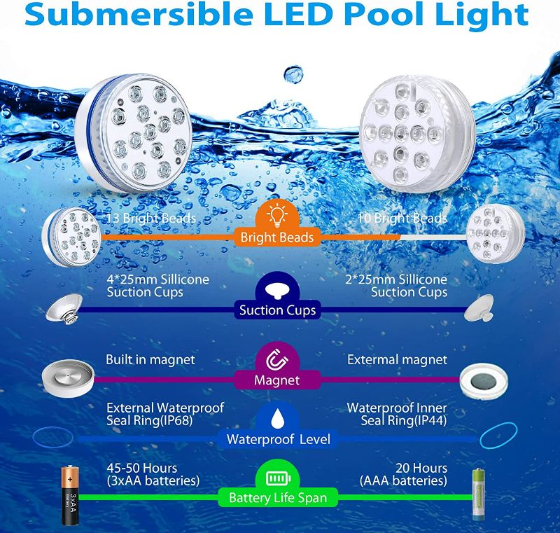 Photo 2 of  Submersible LED Lights, Underwater Led Lights with Remote RF 16 Colors Changing Waterproof Pool Lights with Magnets & Suction Cups, Underwater Lights for Pool Pond Bathtub Vase Party(2 PCS)
