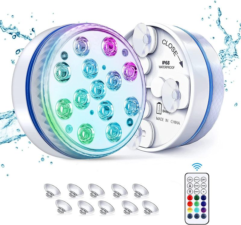 Photo 1 of  Submersible LED Lights, Underwater Led Lights with Remote RF 16 Colors Changing Waterproof Pool Lights with Magnets & Suction Cups, Underwater Lights for Pool Pond Bathtub Vase Party(2 PCS)
