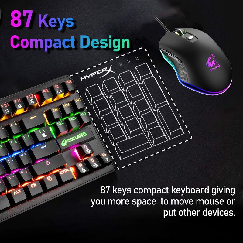 Photo 5 of Gaming Keyboard and Mouse Combo with Mice Pad, Blue Switch 87 Keys USB Wired Rainbow Backlit Mechanical Keyboard and Illuminated Mouse for Computer PC Gamer Laptop Office Work green
