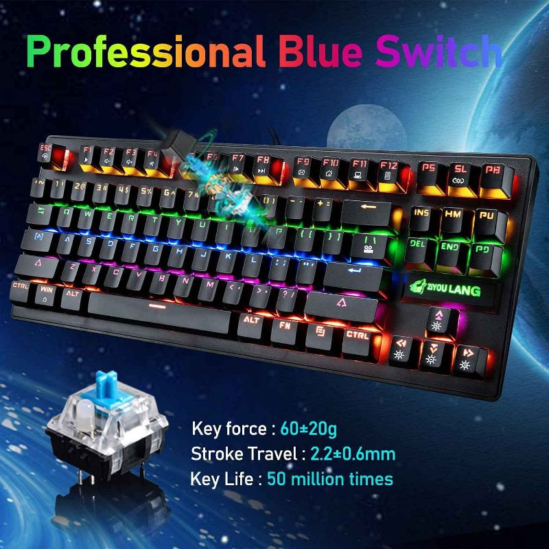 Photo 3 of Gaming Keyboard and Mouse Combo with Mice Pad, Blue Switch 87 Keys USB Wired Rainbow Backlit Mechanical Keyboard and Illuminated Mouse for Computer PC Gamer Laptop Office Work green
