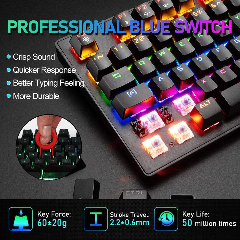 Photo 4 of Gaming Keyboard and Mouse Combo with Mice Pad, Blue Switch 87 Keys USB Wired Rainbow Backlit Mechanical Keyboard and Illuminated Mouse for Computer PC Gamer Laptop Office Work green
