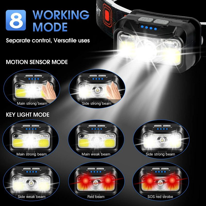 Photo 4 of LHKNL Headlamp Rechargeable, 1100 Lumen Super Bright Motion Sensor Head Lamp Flashlight, 2-Pack Waterproof LED Headlight with White Red Light, 8 Modes Head Lights for Camping Cycling Running Fishing
