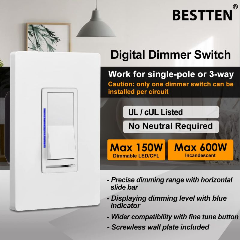 Photo 2 of [5 Pack] BESTTEN Digital Dimmer Switch with LED Indicator, Single Pole or 3-Way, for Dimmable LED Lights, CFL, Incandescent, Halogen Bulbs, Screwless Wallplate Included, UL Listed, White
