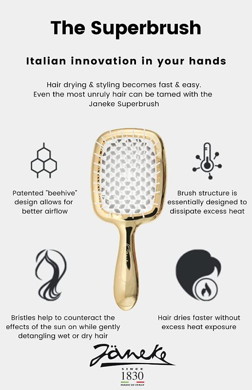 Photo 2 of jäneke Brush Black – 55 g
Patented Design-Protects against damage from blow drying while allowing hair to dry quickly
Anti Static - Great for Styling and Preventing Flyaways
Great For All Hairtypes - Especially Thick or Curly Hair
Made & Designed in Italy