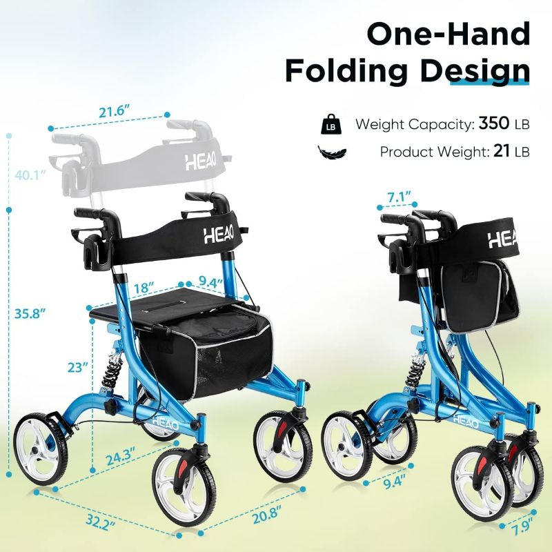 Photo 4 of HEAO Rollator Walker with Seat for Seniors,4 x 10" Wheels Upright Walker with Shock Absorber,Padded Backrest and One-Hand Folding Design,Lightweight Mobility Walking Aid with Handle to Stand up,Blue
