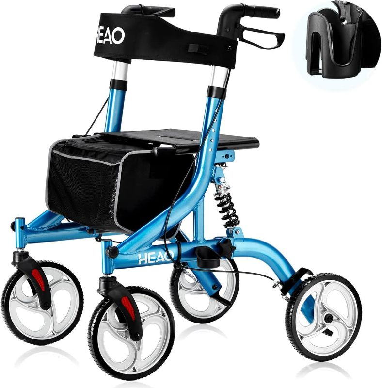 Photo 1 of HEAO Rollator Walker with Seat for Seniors,4 x 10" Wheels Upright Walker with Shock Absorber,Padded Backrest and One-Hand Folding Design,Lightweight Mobility Walking Aid with Handle to Stand up,Blue
