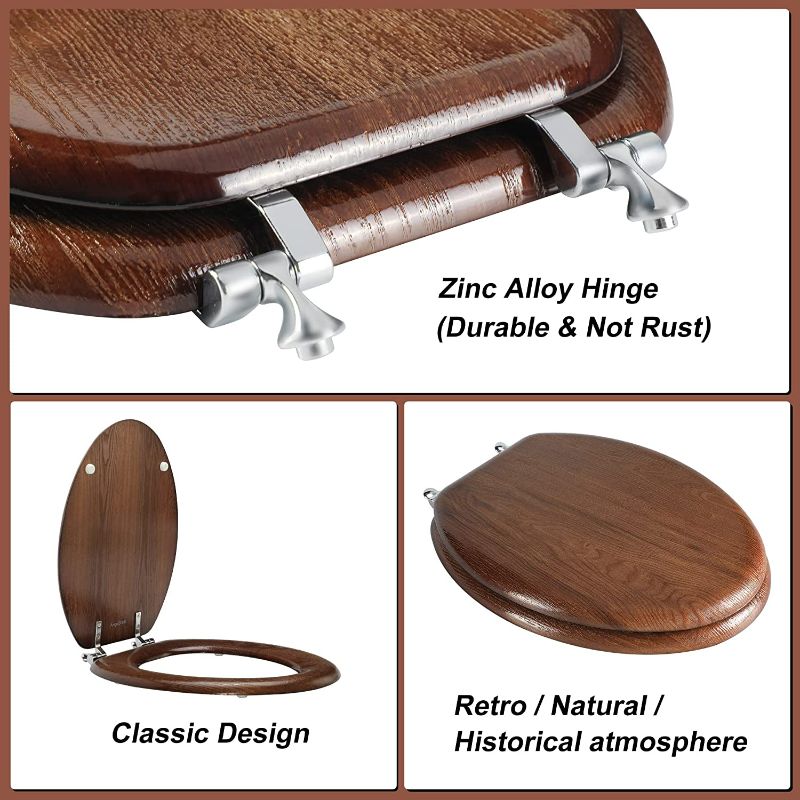 Photo 4 of Angel Shield Durable Wood Veneer Natural Toilet Seat Metal Hinged Easy Clean Anti-scratch American Standard(Elongated,Dark Brown)
