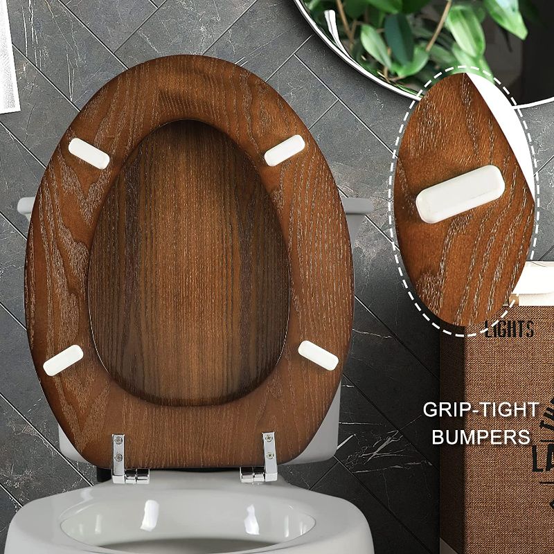 Photo 5 of Angel Shield Durable Wood Veneer Natural Toilet Seat Metal Hinged Easy Clean Anti-scratch American Standard(Elongated,Dark Brown)
