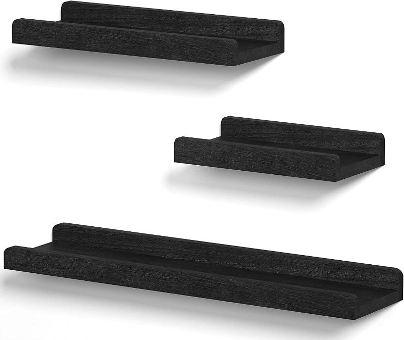 Photo 6 of Alsonerbay Black Floating Shelves Wall Mounted Set of 3, 23.6 Inch Rustic Wood Wall Shelves for Storage and Display for Bedroom Living Room Bathroom Kitchen Office and More
