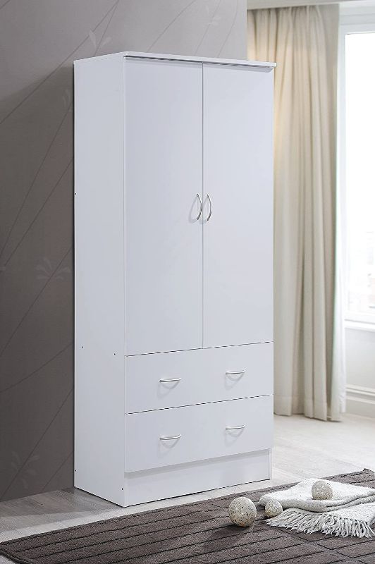 Photo 2 of HODEDAH IMPORT Two Door Wardrobe, with Two Drawers, and Hanging Rod, White.
