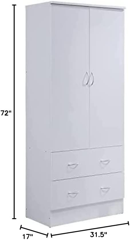 Photo 7 of HODEDAH IMPORT Two Door Wardrobe, with Two Drawers, and Hanging Rod, White.
