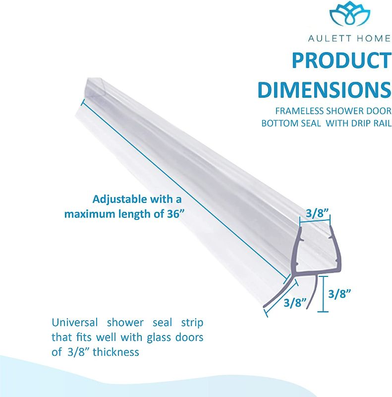 Photo 4 of 2-Pack - Aulett Home Frameless Shower Door Bottom Seal with Drip Rail - 3/8" x 36" Sweep - Glass Door Seal Strip to Stop Shower Leaks
