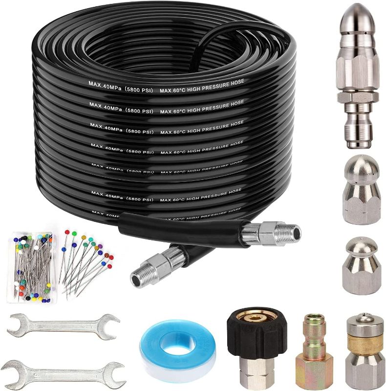 Photo 1 of 100FT Sewer Jetter Kit for Pressure Washer, 5800PSI Drain Cleaner Hose 1/4 Inch NPT Corner, Rotating and Button Nose Sewer Jetting Drain Jetter Hose Nozzle Pearl Corsage Pin Spanners Waterproof Tape
