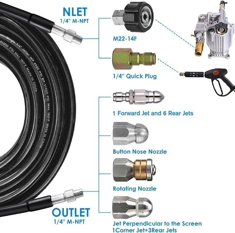 Photo 4 of 100FT Sewer Jetter Kit for Pressure Washer, 5800PSI Drain Cleaner Hose 1/4 Inch NPT Corner, Rotating and Button Nose Sewer Jetting Drain Jetter Hose Nozzle Pearl Corsage Pin Spanners Waterproof Tape
